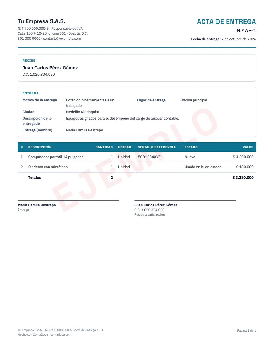 Ejemplo de acta de entrega con datos ficticios
