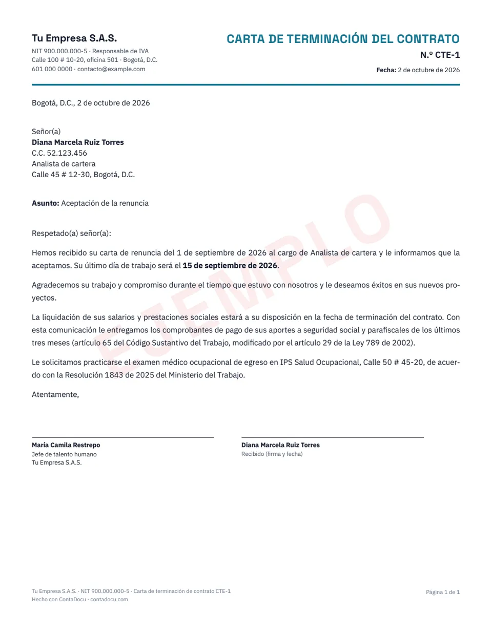 Ejemplo de carta de terminación de contrato con datos ficticios