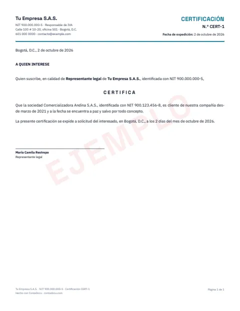 Ejemplo de certificación en PDF
