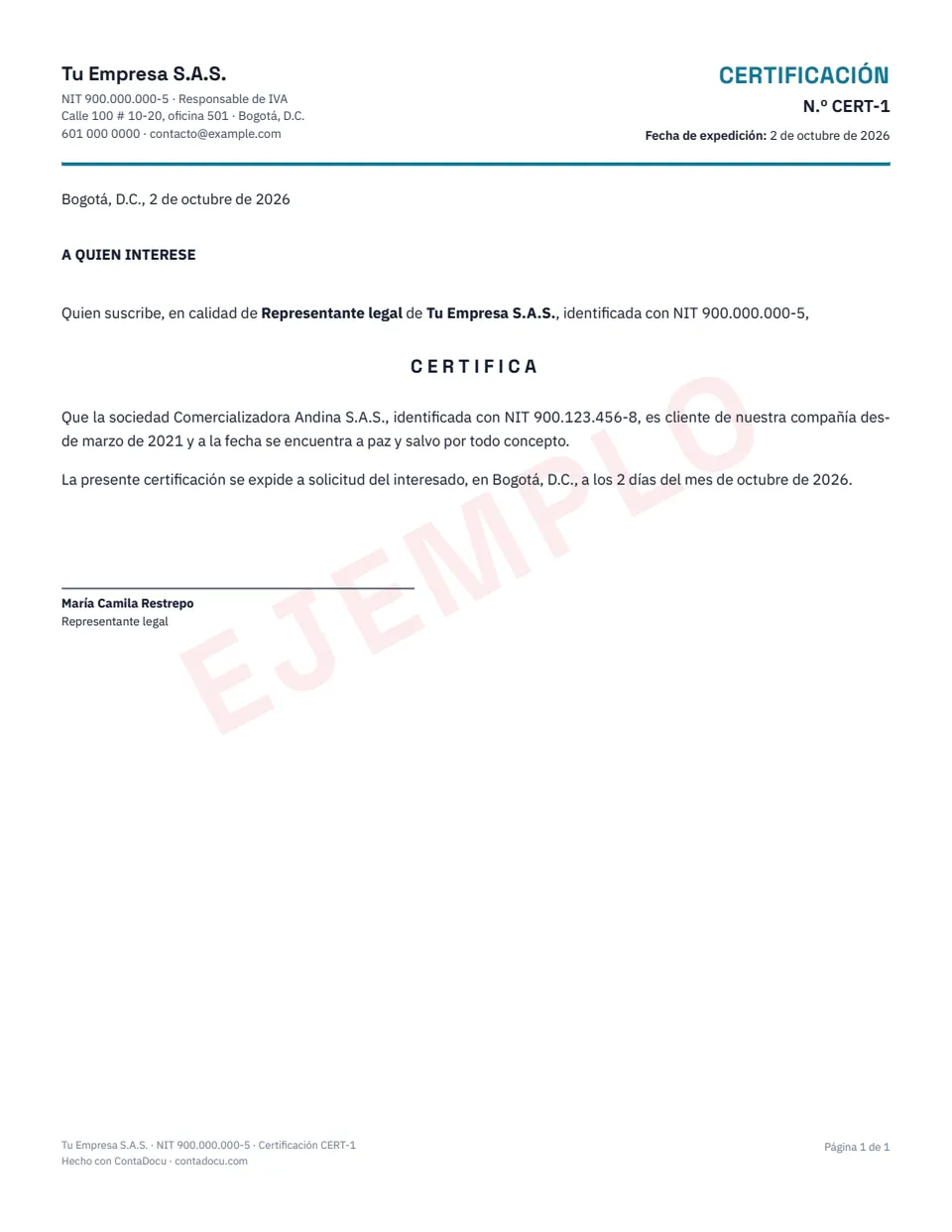 Ejemplo de certificación con datos ficticios