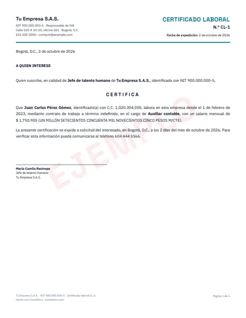 Ejemplo de certificado laboral en PDF