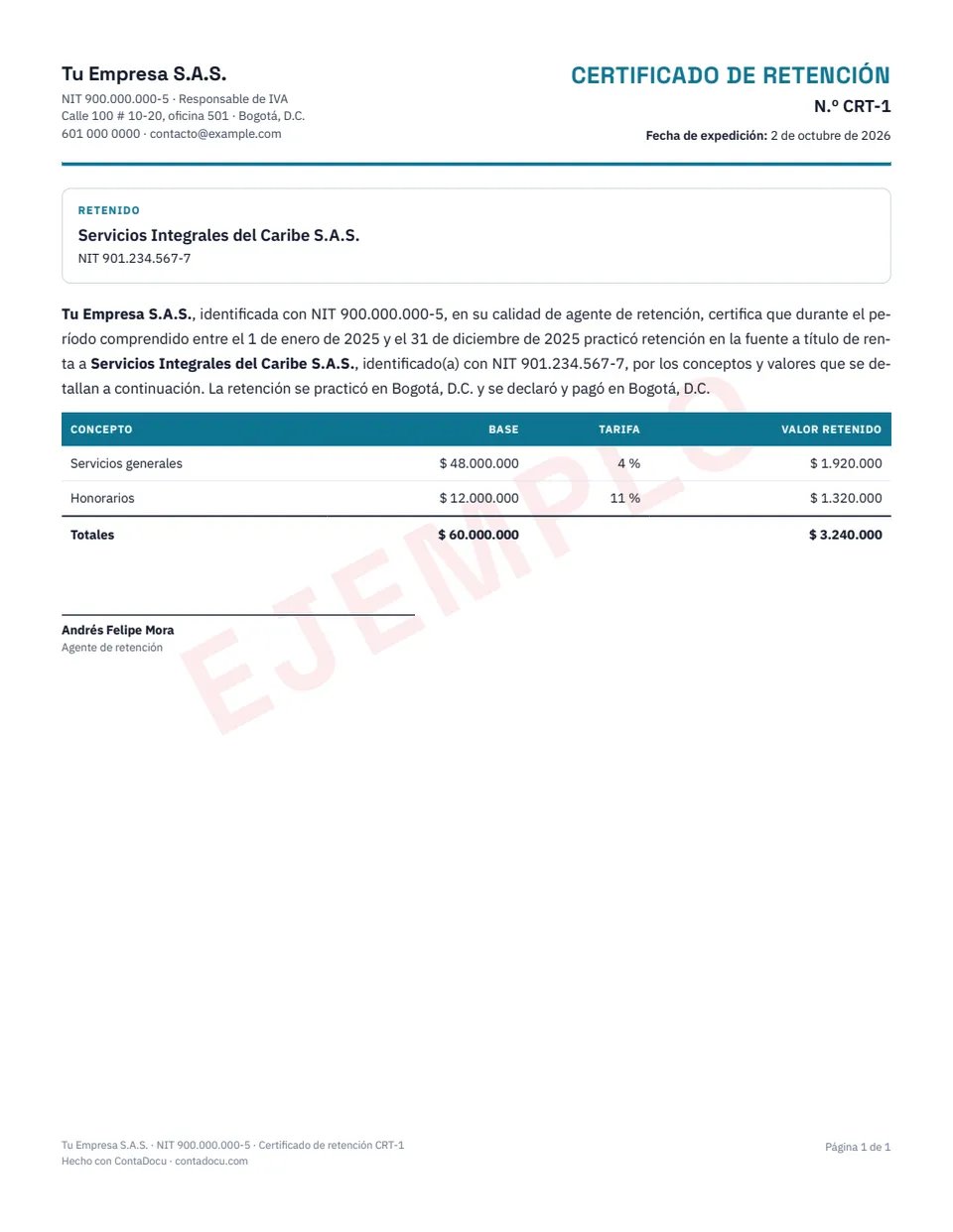 Ejemplo de certificado de retención con datos ficticios