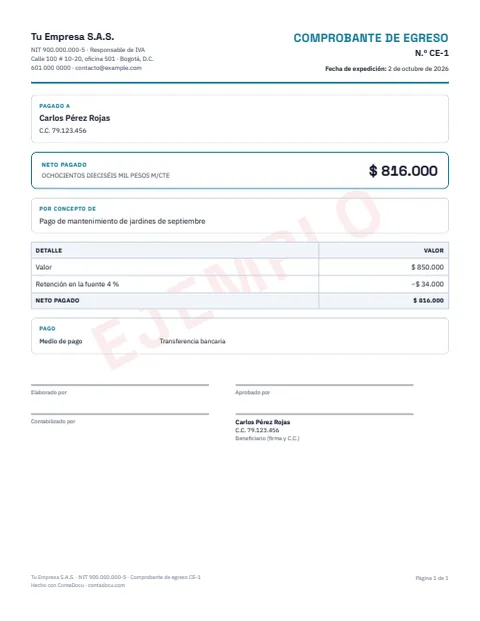 Ejemplo de comprobante de egreso en PDF