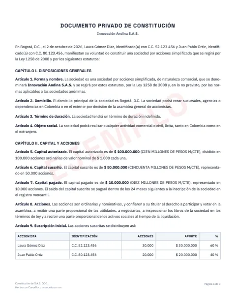 Ejemplo de constitución de s.a.s. en PDF