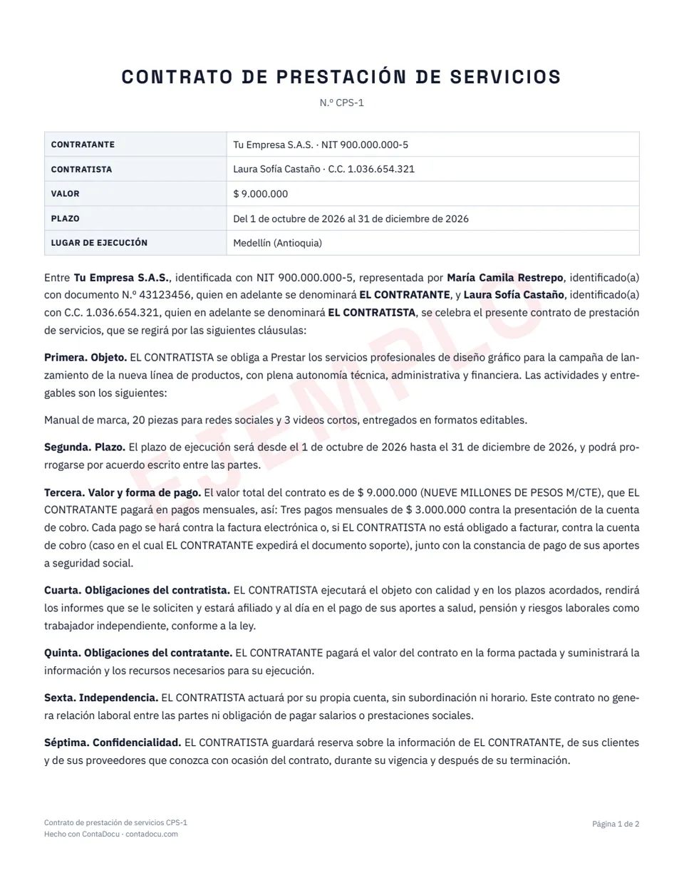 Ejemplo de contrato de prestación de servicios con datos ficticios