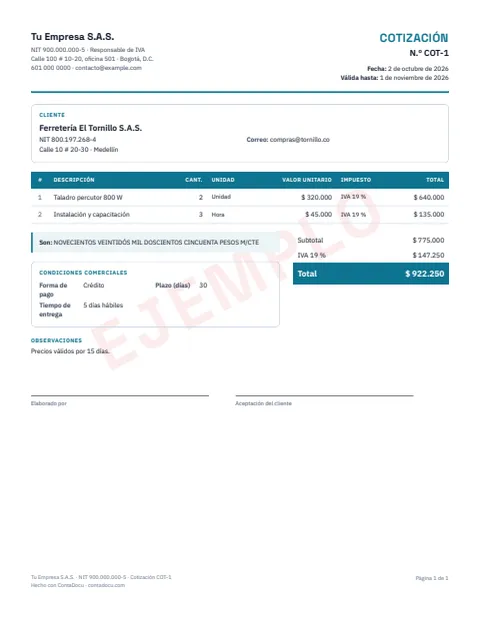 Ejemplo de cotización en PDF