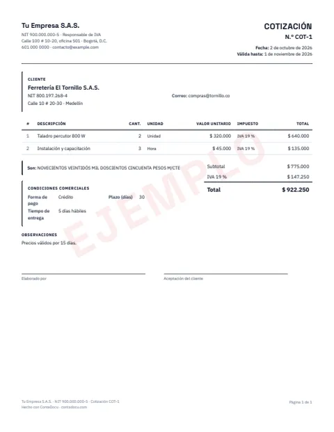 Cotización de ejemplo con el estilo minimalista