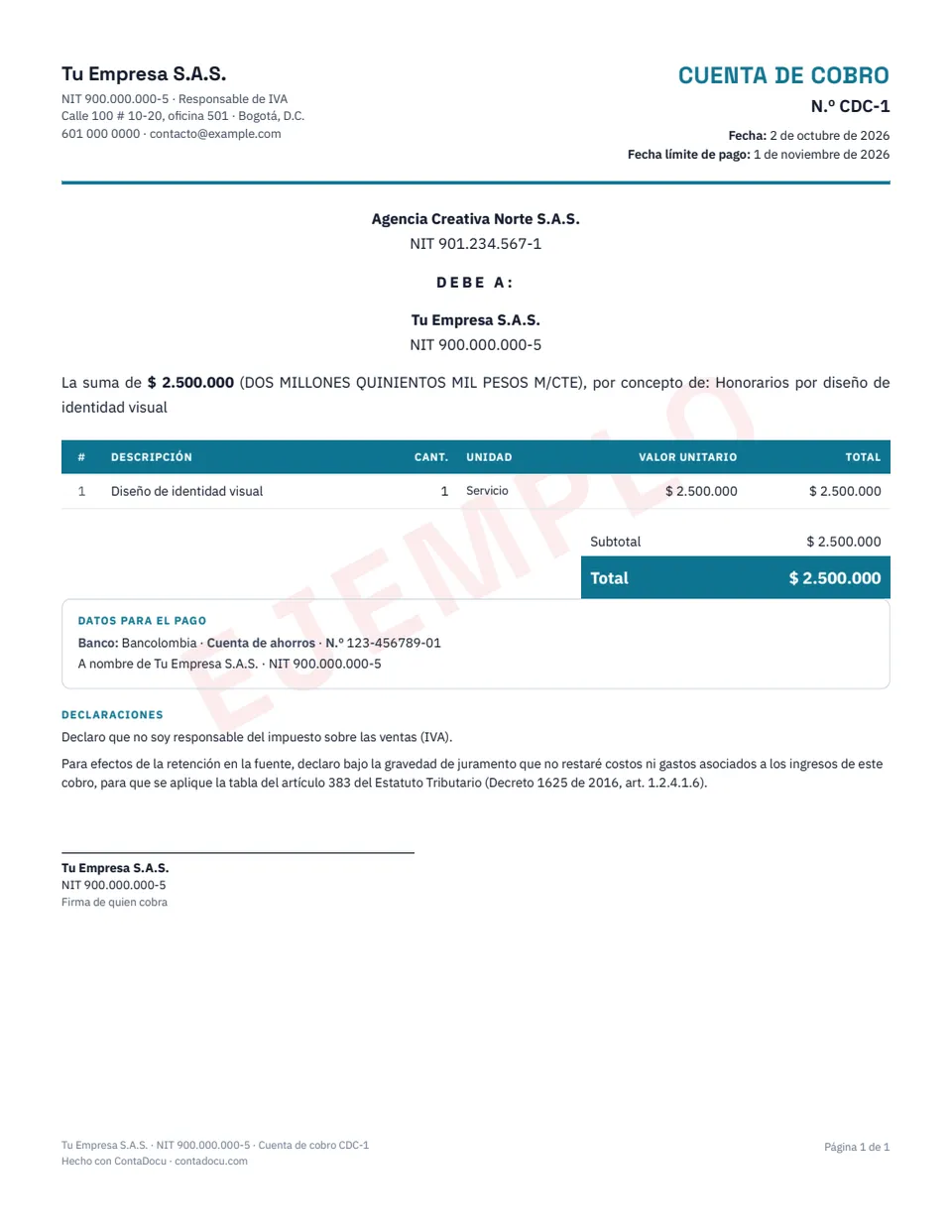 Ejemplo de cuenta de cobro con datos ficticios