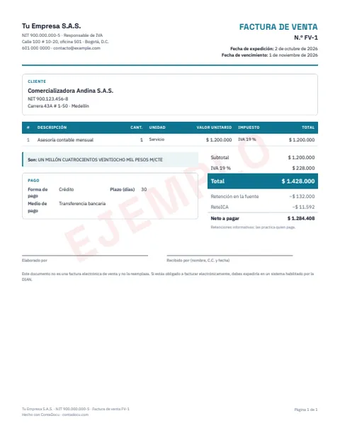 Ejemplo de factura de venta en PDF
