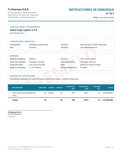 Ejemplo de instrucciones de embarque en PDF