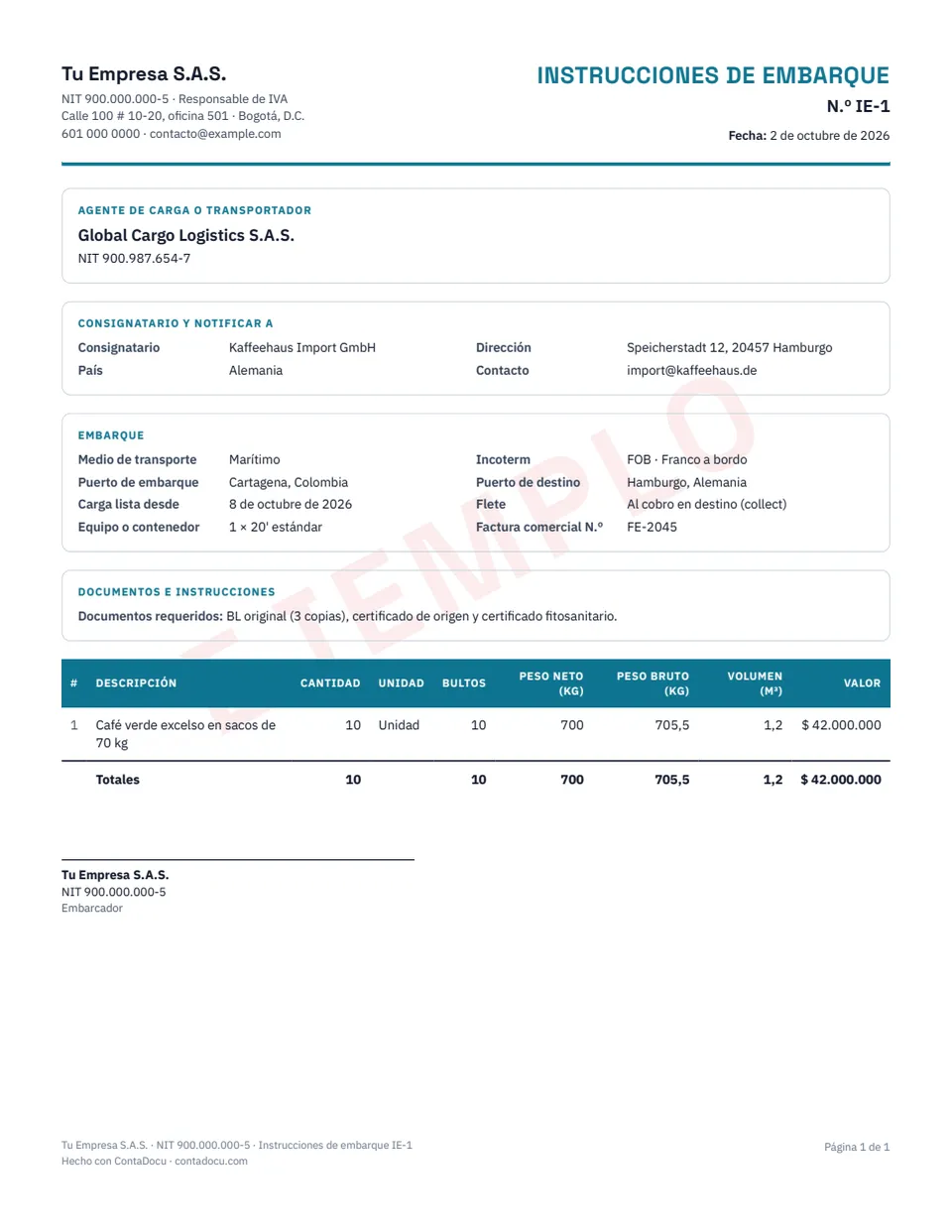 Ejemplo de instrucciones de embarque con datos ficticios