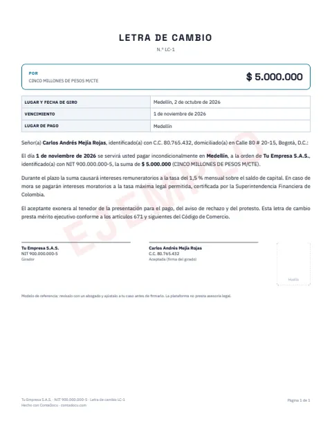 Ejemplo de letra de cambio en PDF