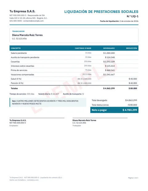 Ejemplo de liquidación de contrato en PDF