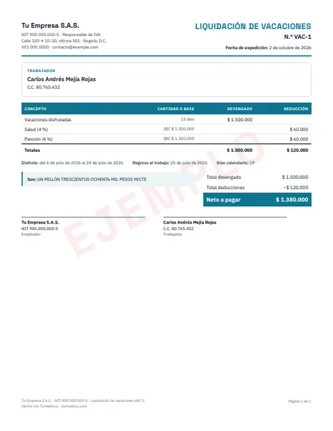 Ejemplo de liquidación de vacaciones en PDF