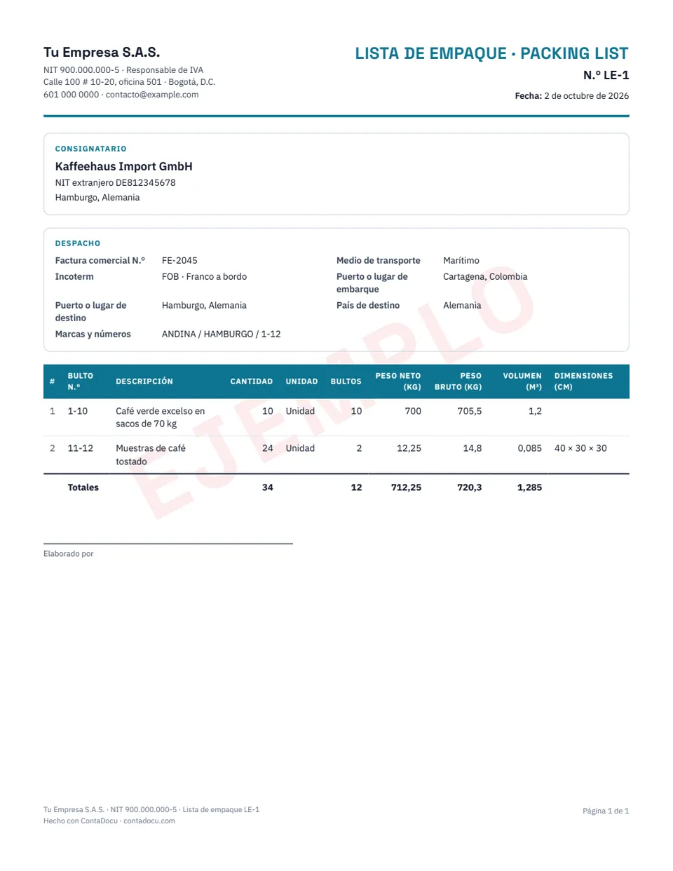 Ejemplo de lista de empaque con datos ficticios
