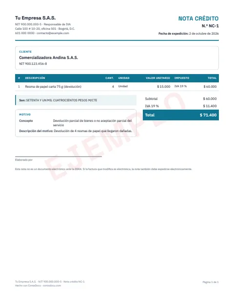 Ejemplo de nota crédito en PDF
