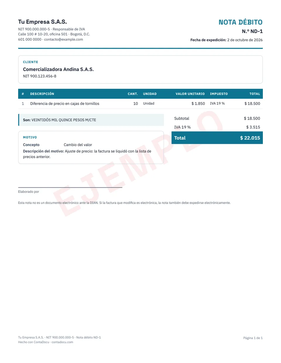 Ejemplo de nota débito con datos ficticios
