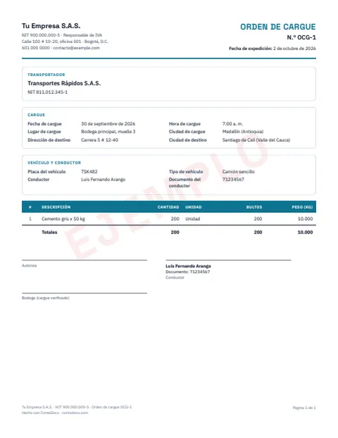 Ejemplo de orden de cargue en PDF