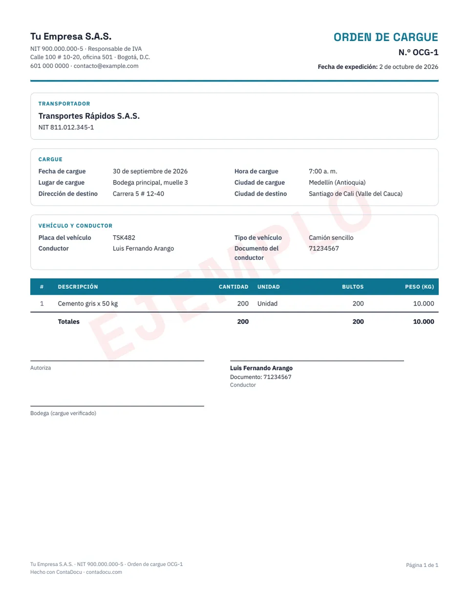 Ejemplo de orden de cargue con datos ficticios