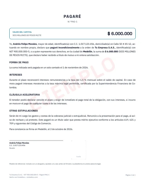 Ejemplo de pagaré en PDF