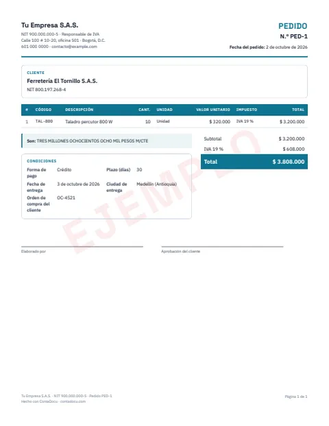 Ejemplo de pedido en PDF