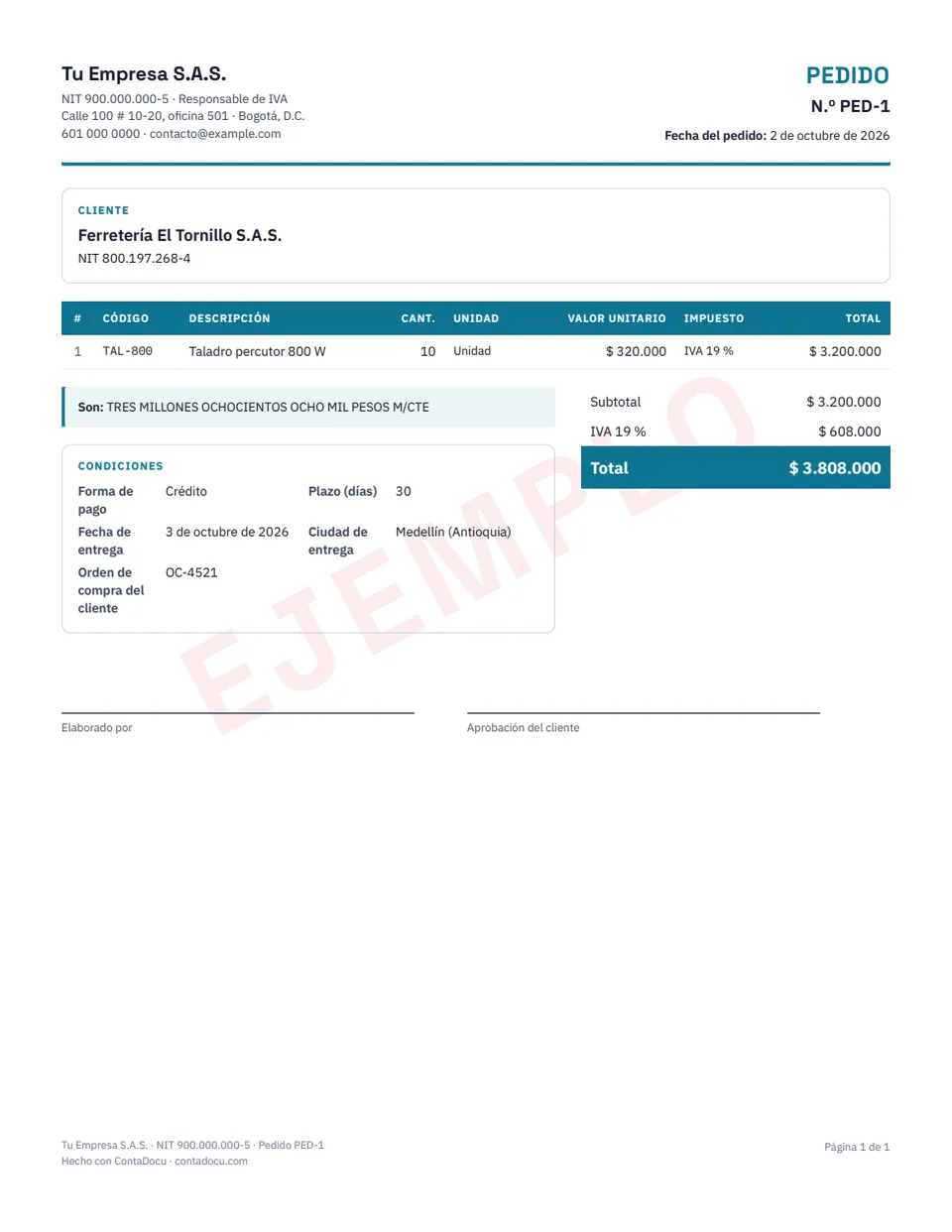 Ejemplo de pedido con datos ficticios