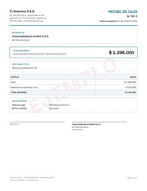 Ejemplo de recibo de caja en PDF