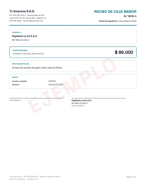 Ejemplo de recibo de caja menor en PDF