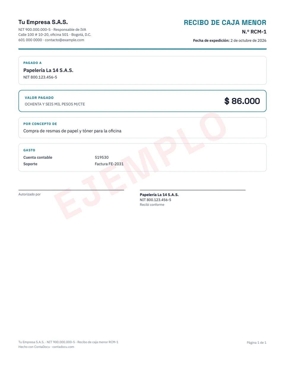Ejemplo de recibo de caja menor con datos ficticios