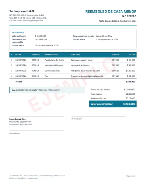 Ejemplo de reembolso de caja menor en PDF