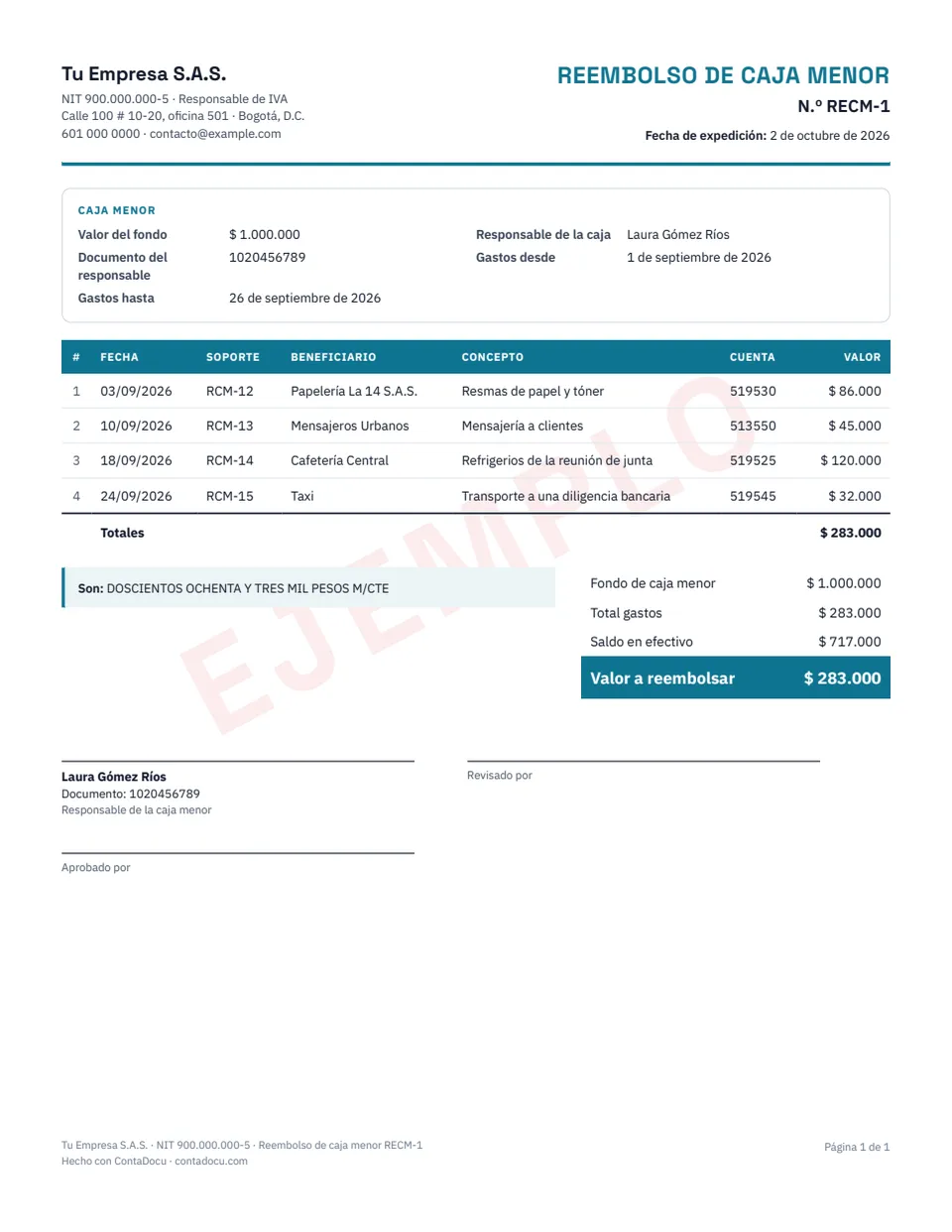 Ejemplo de reembolso de caja menor con datos ficticios