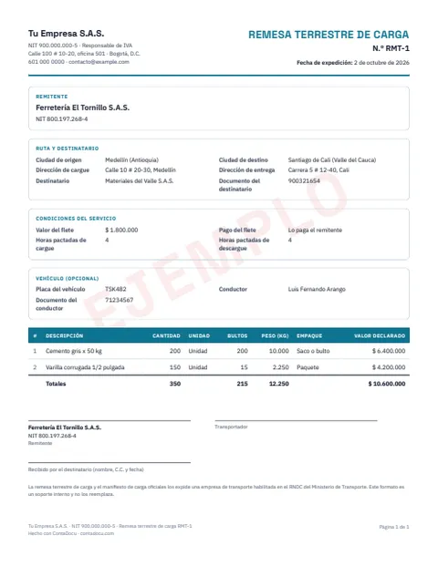 Ejemplo de remesa terrestre de carga en PDF